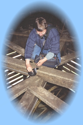 Testing beams in the bell tower before renovation work.